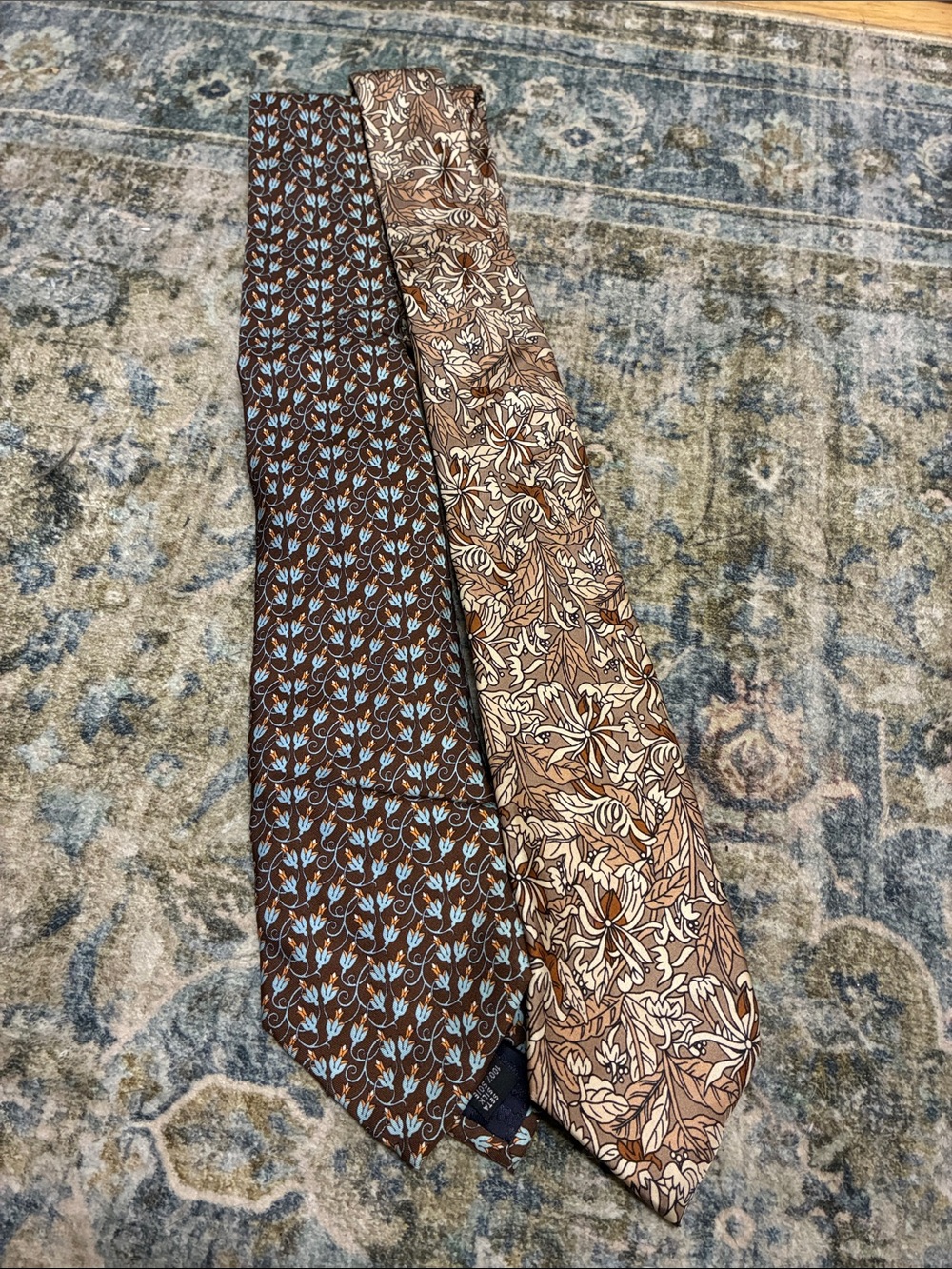 Men's Vintage Floral Patterned Brown & Beige Tie Set - Battistoni + Mont Blanc